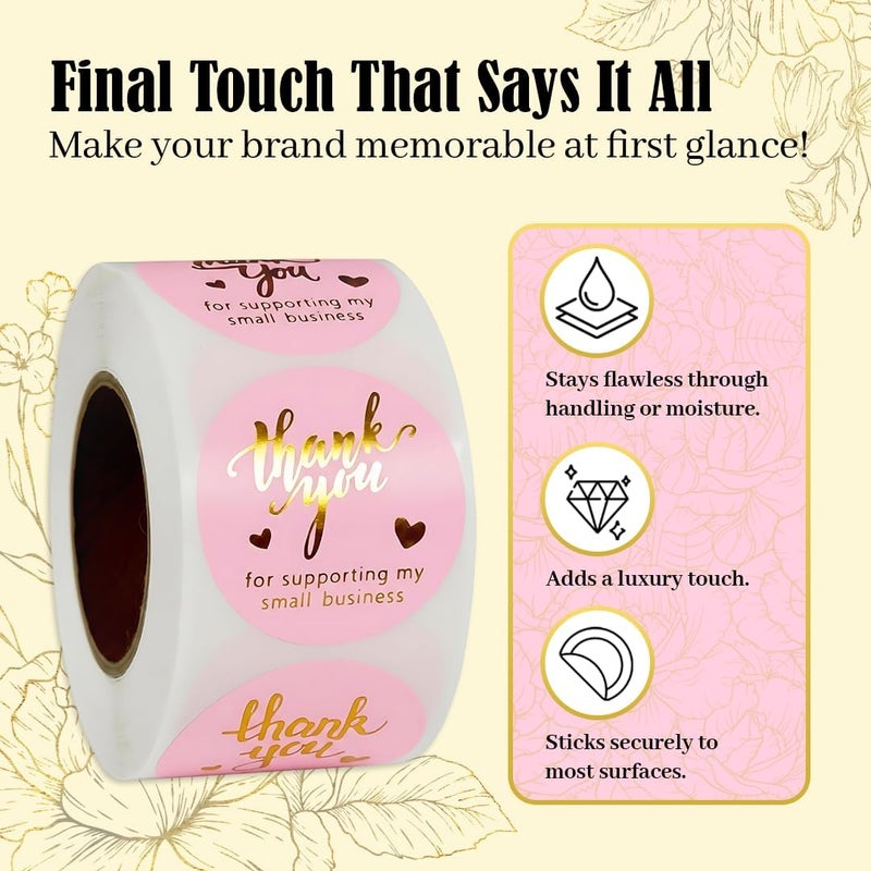 IBAKE Pink Thank You Stickers Gold Foil – 500 Waterproof 1.5” Round Labels for Small Business Packaging, Custom Thank You Labels for Envelopes, Gift Bags, Boxes, Cards & Orders - Image 3